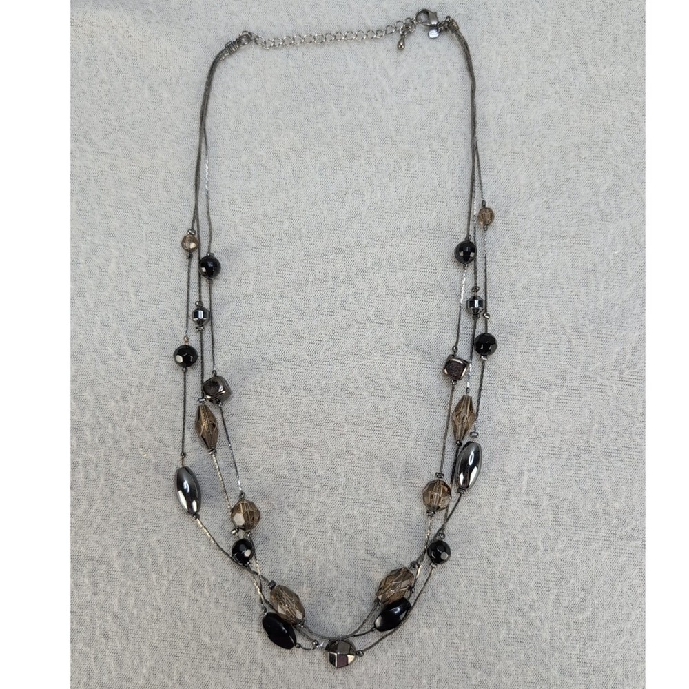 Multi Strand‎ Beaded Necklace Black Silver Tone Crystal Layered Boho Chic